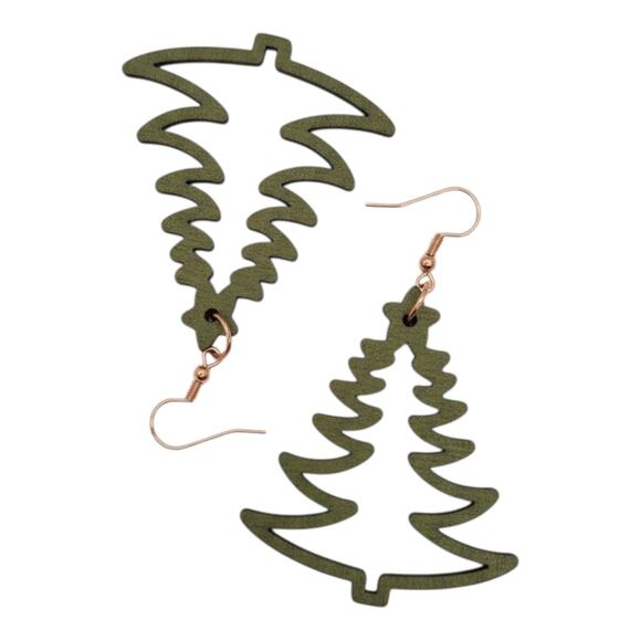 Green Wood Christmas Tree Earrings - Picture 1 of 8